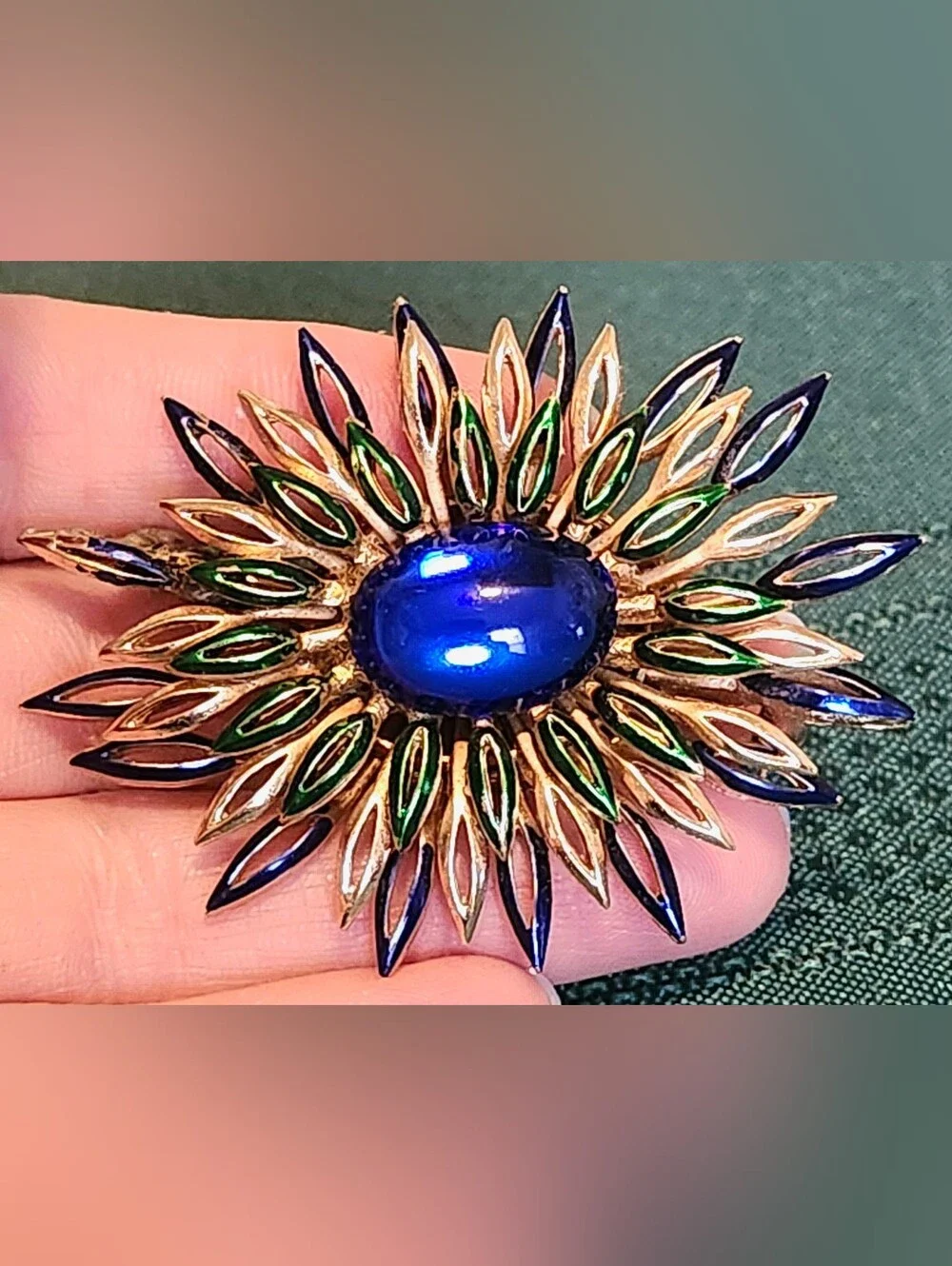 Vintage Crown Trifari Blue Cabochon and Enamel Starburst Brooch